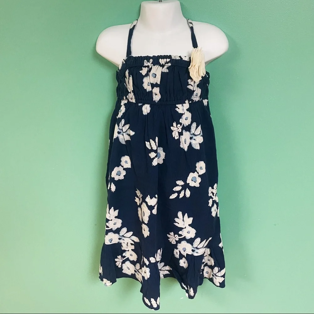 Genuine Kids Oshkosh Navy & White Floral Dress & White Denim Vest Set Girls 4T